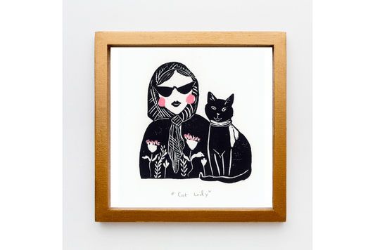 Cat Lady Linocut