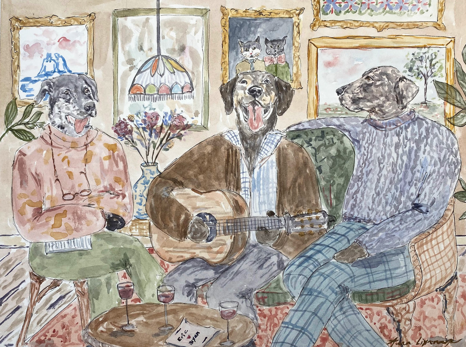 A custom watercolour pet portrait of three dogs sitting in a living room. There is wine and a wedding invitation on the coffee table, and lots of paintings on the walls.