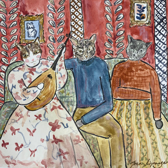 A custom watercolor painting of three cats done in Matisse style sitting on a couch.