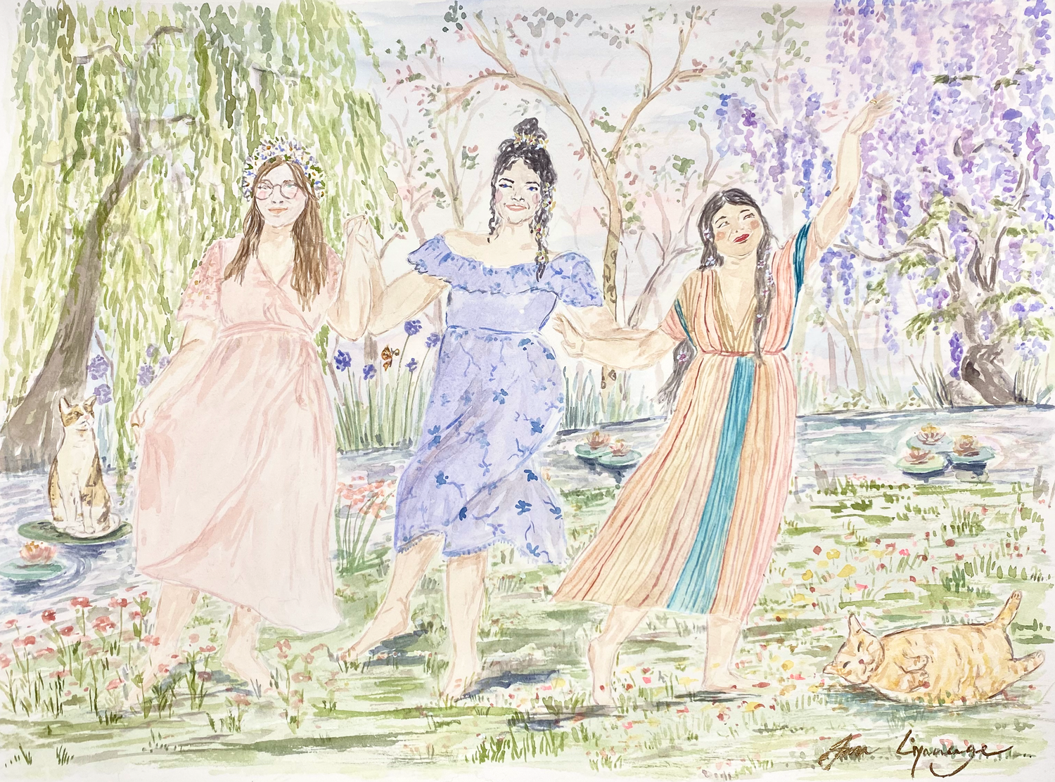 Custom watercolour painting of three friends dancing in a field of wild flowers. There are willow trees and wisteria in the background. There is a pond with water lilies behind them with their two orange cats.