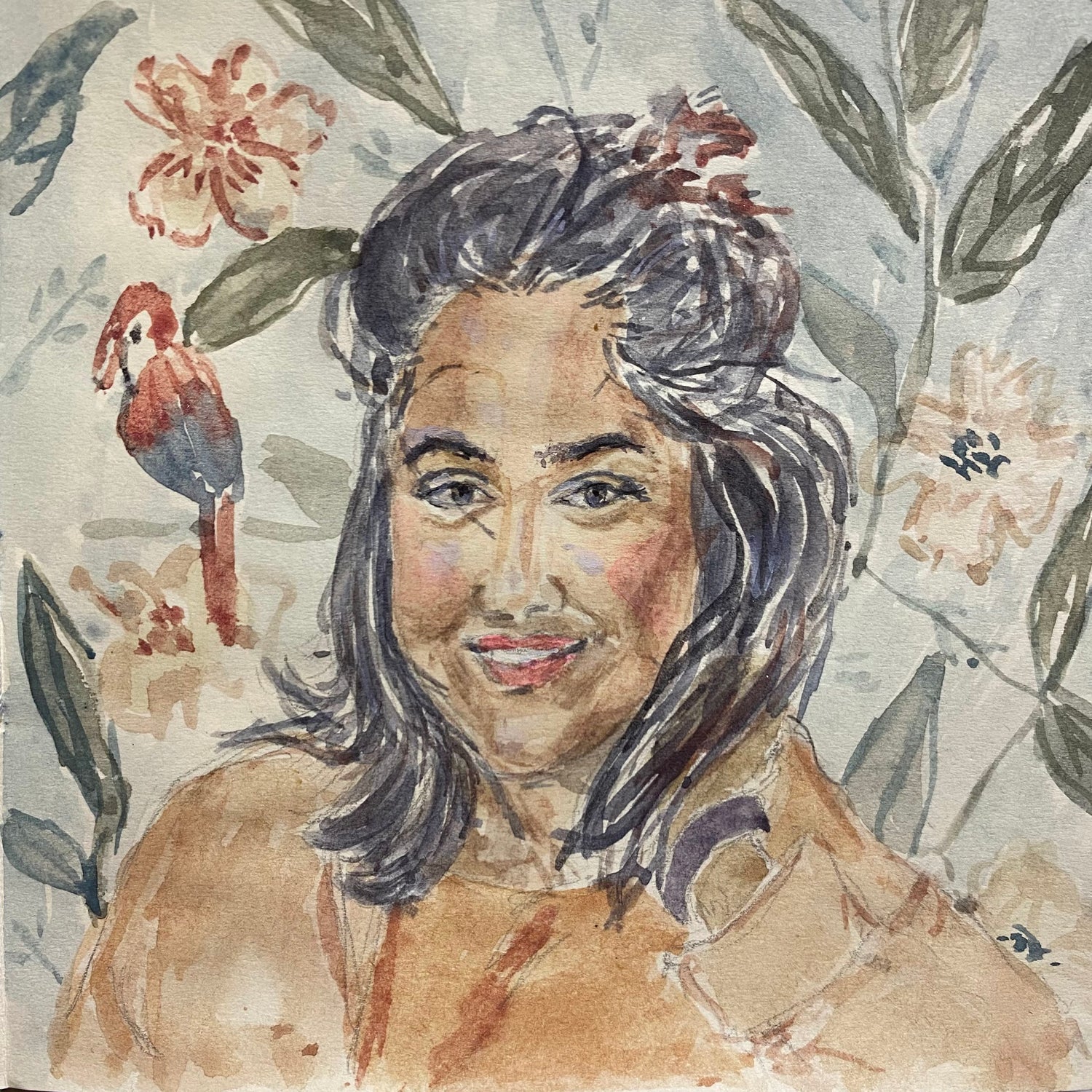 A watercolour portrait painting of a brown woman on a wallpaper decorated background.