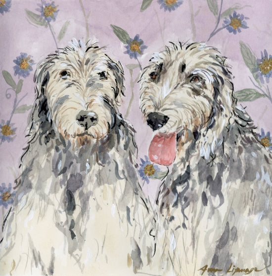 A custom watercolour pet portrait of two dogs in a purple wallpaper background.