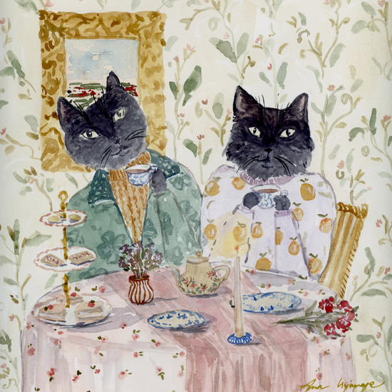 Custom watercolor pet portrait of two cats dressed in fun outfits having tea at a table with tea, treats. There is a wallpaper background.
