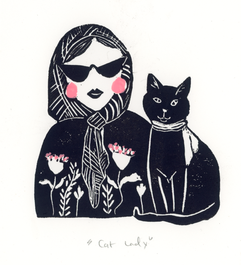 Cat Lady Linocut