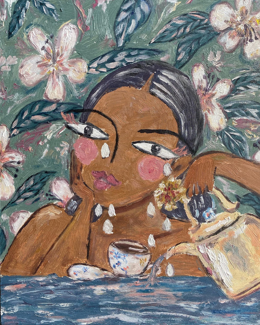Oil painting of a brown woman on a wood panel. There is a tea floating in water below her. The woman is pouring tea in to the water.